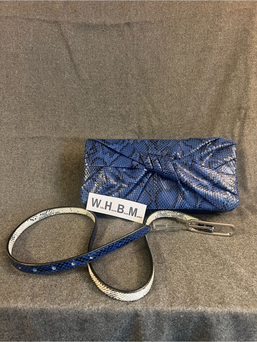 Blue Snake-Embossed Leather Clutch with Strap and matching reversible belt set
